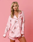 Printed Collared Neck Long Sleeve Top and Shorts Set