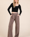 BOMBOM Elastic Waist Wide Leg Pants with Pockets