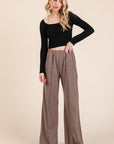 BOMBOM Elastic Waist Wide Leg Pants with Pockets