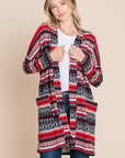 BOMBOM Geometric Open Front Long Sleeve Cardigan with Pockets