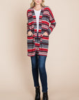 BOMBOM Geometric Open Front Long Sleeve Cardigan with Pockets