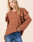 BOMBOM Ruffled Flower Round Neck Blouse