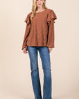 BOMBOM Ruffled Flower Round Neck Blouse