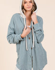 BOMBOM Textured Button Down Drawstring Hooded Shacket