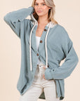 BOMBOM Textured Button Down Drawstring Hooded Shacket