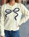 Bow Button Down Round Neck Cardigan