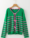 Bow Striped V-Neck Long Sleeve Cardigan