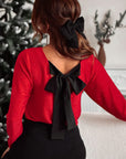 Bowknot V-Neck Long Sleeve Blouse