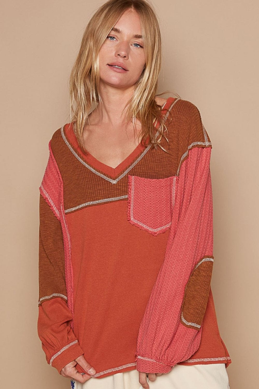 Tan POL V-Neck Knit Panel Exposed Seam Top