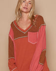 Tan POL V-Neck Knit Panel Exposed Seam Top