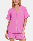 Zenana Button Down Short Sleeve Top and Shorts Lounge Set