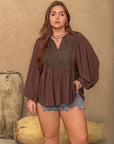 Plus Size Tie Neck Balloon Sleeve Blouse