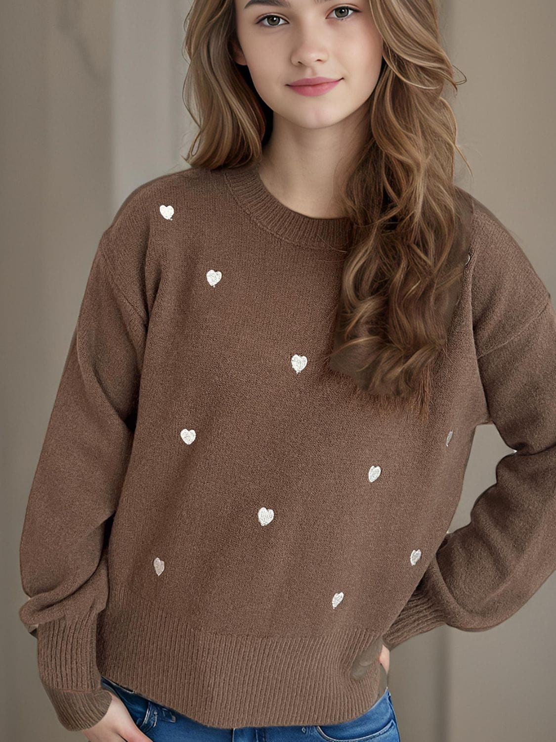 Heart Round Neck Long Sleeve Sweater