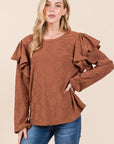 BOMBOM Ruffled Flower Round Neck Blouse