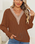 Saddle Brown Lace Detail V-Neck Long Sleeve Sweater