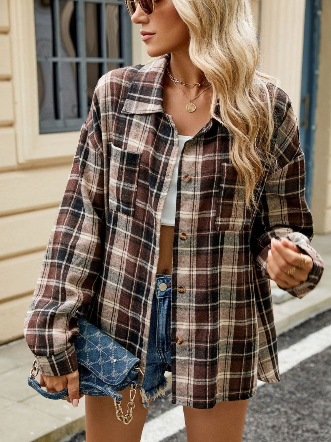 Dim Gray Plaid Collared Neck Long Sleeve Shirt