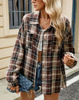 Dim Gray Plaid Collared Neck Long Sleeve Shirt