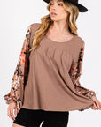 Light Gray SAGE + FIG Floral Long Sleeve Front Pleated Detail Blouse