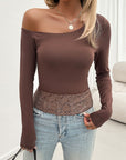 Light Gray Single Shoulder Long Sleeve Lace T-Shirt