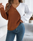 Two-Tone V-Neck Long Sleeve Sweater