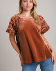 Umgee Velvet Embroidery Short Sleeve Blouse