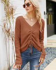 Waffle-Knit Drawstring Detail V-Neck Sweater