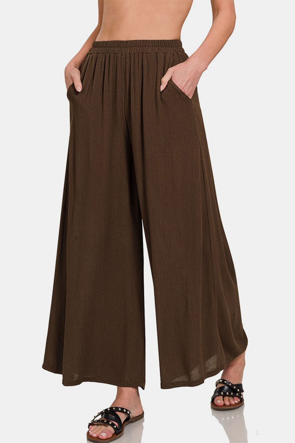 White Smoke Zenana Woven Wide Leg Pants With Pockets