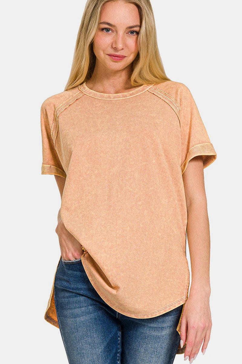 Beige Zenana Heathered Round Neck Short Sleeve Top