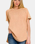 Beige Zenana Heathered Round Neck Short Sleeve Top