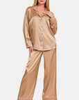 Antique White Zenana Satin Long Sleeve Shirt and Pants Pajama Set