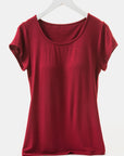 Brown Round Neck Short Sleeve T-Shirt with Bra