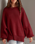 Double Take Side Slit Round Neck Long Sleeve Sweater