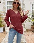 Eyelet Notched Neck Balloon Sleeve Blouse