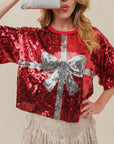 Sequin Bow Graphic Round Neck Half Sleeve T-Shirt