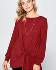 Super Lady Full Size Round Neck Knot Front Hacci Blouse