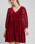 Umgee Dotted Lace Sleeve Tiered Velvet Mini Dress