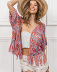 BiBi Open Front Fringed Crop Knit Cardigan