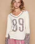 POL V-Neck Long Sleeve Floral Number Patch T-Shirt