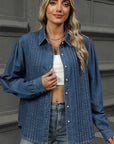 Button Down Collared Neck Long Sleeve Denim Top