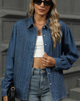 Button Down Collared Neck Long Sleeve Denim Top