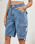 Buttoned Elastic Waist Denim Shorts with Pockets