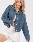 bytos Button Down Cropped Denim Jacket with Patch Pockets