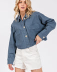 bytos Button Down Cropped Denim Jacket with Patch Pockets