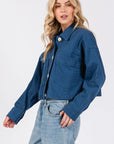 bytos Button Down Cropped Denim Jacket with Patch Pockets