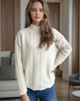 Cable-Knit Mock Neck Dropped Shoulder Sweater