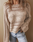 Dim Gray Cable-Knit Openwork Long Sleeve Sweater