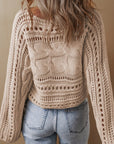 Rosy Brown Cable-Knit Openwork Long Sleeve Sweater