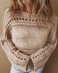 Dim Gray Cable-Knit Openwork Long Sleeve Sweater