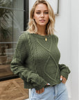 Cable-Knit Round Neck Dropped Shoulder Sweater