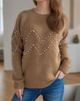 Pearl Trim Round Neck Raglan Sleeve Sweater